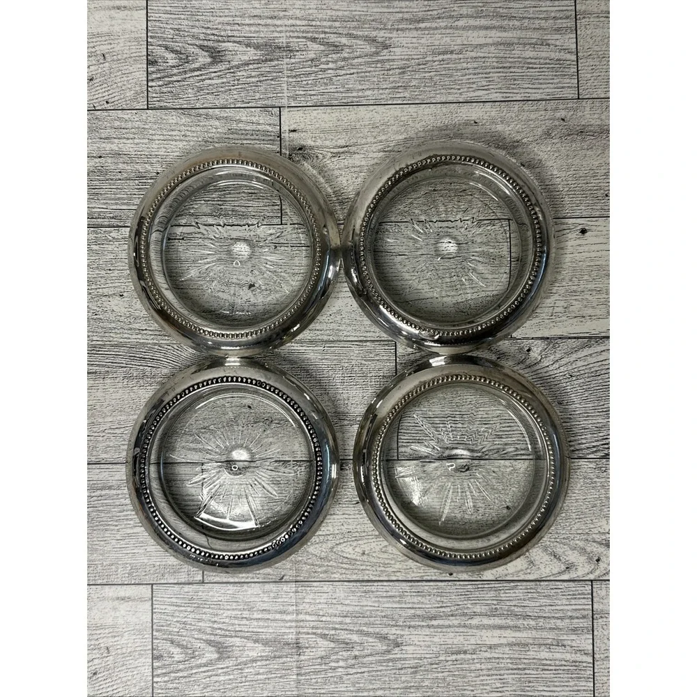 Set Of 4 B.I./ Frank M. Whiting STERLING SILVER Beaded Rim Coasters STARBURST
